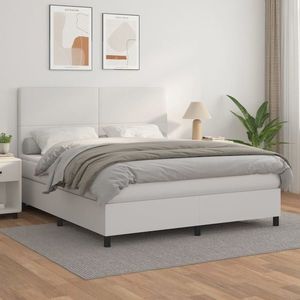 vidaXL Pat box spring cu saltea, alb, 160x200 cm, piele ecologică imagine