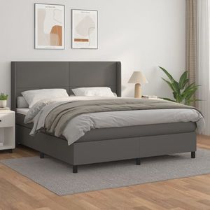 vidaXL Pat box spring cu saltea, gri, 160x200 cm, piele ecologică imagine