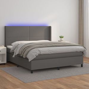 vidaXL Pat cu arcuri, cu saltea și LED, gri, 160x200 cm, piele eco imagine