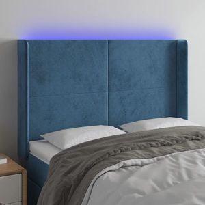 vidaXL Tăblie de pat cu LED, albastru închis, 147x16x118/128cm catifea imagine