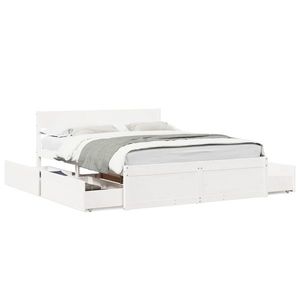 vidaXL Cadru de pat cu sertare, alb, 160x200 cm, lemn masiv pin imagine