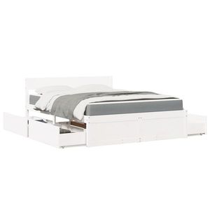 vidaXL Pat cu sertare și saltea, alb, 160x200 cm, lemn masiv pin imagine