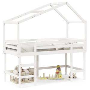 vidaXL Pat etajat cu scară și acoperiș, alb, 90x200 cm, lemn masiv pin imagine