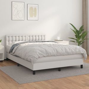 vidaXL Pat box spring cu saltea, alb, 140x200 cm, piele ecologică imagine