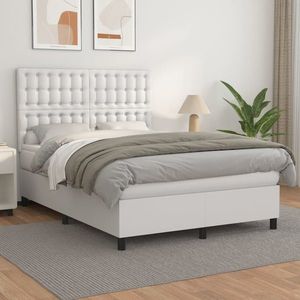 vidaXL Pat box spring cu saltea, alb, 140x190 cm, piele ecologică imagine