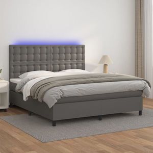 vidaXL Pat cu arcuri, saltea și LED, gri, 160x200 cm, piele ecologică imagine