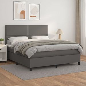 vidaXL Pat box spring cu saltea, gri, 180x200 cm, piele ecologică imagine