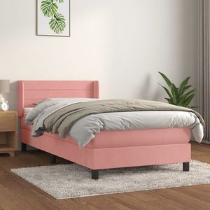 vidaXL Pat box spring cu saltea, roz, 90x190 cm, catifea imagine