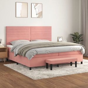 vidaXL Pat box spring cu saltea, roz, 200x200 cm, catifea imagine