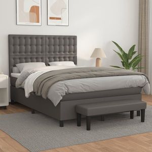 vidaXL Pat box spring cu saltea, gri, 140x200 cm, piele ecologică imagine