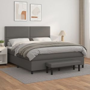 vidaXL Pat box spring cu saltea, gri, 160x200 cm, piele ecologică imagine