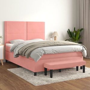 vidaXL Pat box spring cu saltea, roz, 140x190 cm, catifea imagine