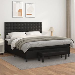 vidaXL Pat box spring cu saltea, negru, 160x200 cm, piele ecologică imagine