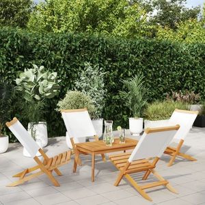 vidaXL Scaune de grădină pliabile 4 buc., textil alb crem/lemn masiv imagine