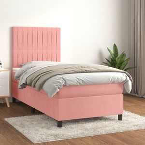 vidaXL Pat box spring cu saltea, roz, 90x200 cm, catifea imagine