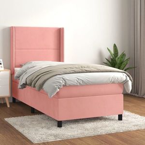 vidaXL Pat box spring cu saltea, roz, 90x200 cm, catifea imagine