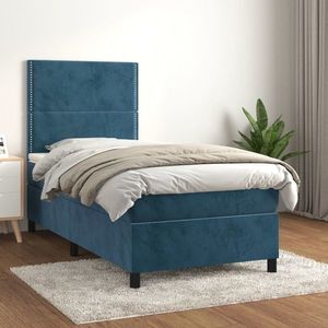 vidaXL Pat box spring cu saltea, albastru închis, 90x200 cm, catifea imagine