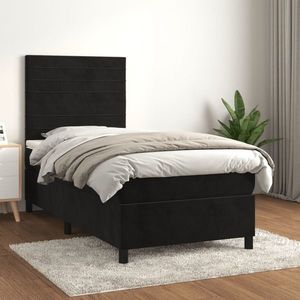 vidaXL Pat box spring cu saltea, negru, 90x200 cm, catifea imagine