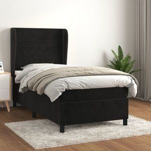 vidaXL Pat box spring cu saltea, negru, 90x200 cm, catifea imagine