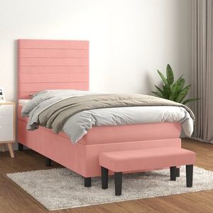 vidaXL Pat box spring cu saltea, roz, 90x200 cm, catifea imagine