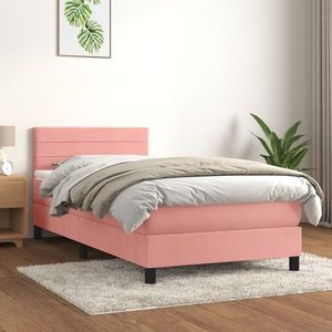 vidaXL Pat box spring cu saltea, roz, 90x200 cm, catifea imagine