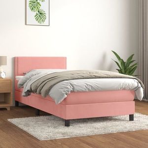 vidaXL Pat box spring cu saltea, roz, 90x200 cm, catifea imagine