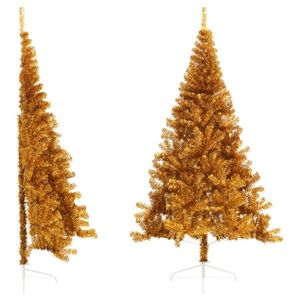 vidaXL Jumătate brad de Crăciun cu suport, auriu, 210 cm, PET imagine