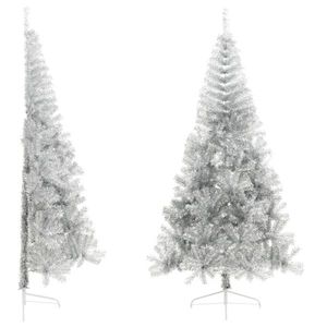 vidaXL Jumătate brad de Crăciun cu suport, argintiu, 240 cm, PET imagine