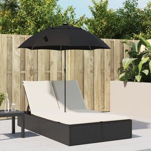 vidaXL Șezlong dublu cu perne/umbrelă de soare, negru, poliratan imagine