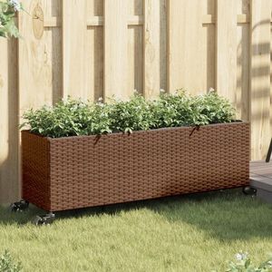 vidaXL Jardinieră grădină cu roți/3 ghivece maro 107x32x38cm poliratan imagine