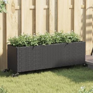 vidaXL Jardinieră grădină roți/3 ghivece, negru 107x32x38 cm poliratan imagine