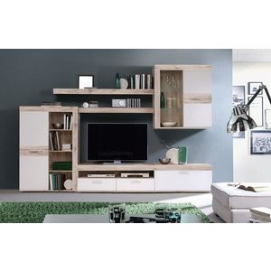 Set mobilier living 4 piese Zeist, Bedora, 300x41x200.9 cm, PAL/sticla/plastic, stejar/alb imagine