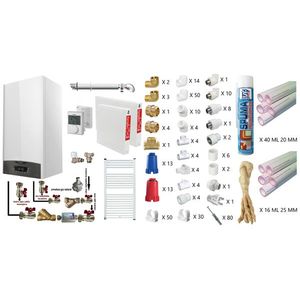 Pachet apartament cu o camera, centrala termica murala in condensare Ariston CLAS ONE+ WI-FI 24, Gaz, 24 kW, termostat, kit de evacuare inclus, calorifere otel, teava PPR si fitinguri, kit armaturi imagine