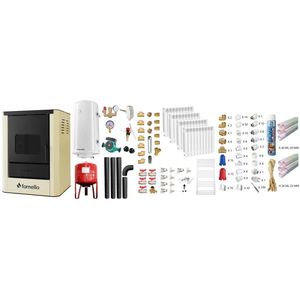 Pachet Termosemineu pe lemne, brichete si carbune Fornello Rimini Ivory 18 kW, Calorifere aluminiu, Teava si Fitinguri Montaj, Boiler Termoelectric, Vas Expansune, Pompa, Kit Evacuare imagine