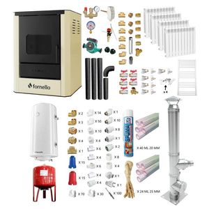 Pachet Termosemineu pe lemne, brichete si carbune Fornello Rimini Ivory 18 kW, Cos Inox, Kit evacuare interior, Boiler Termoelectric, Vas Expansune, Pompa si Fitinguri Montaj imagine