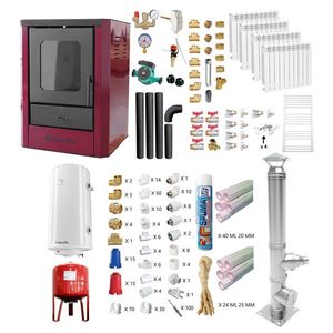 Pachet Termosemineu pe lemne, brichete si carbune Fornello Rimini Bordeaux 18 kW, Cos Inox, Kit evacuare interior, Calorifere aluminiu, Teava PPR si Fitinguri Montaj, si Boiler Termoelectric, Vas Expansune, Pompa imagine