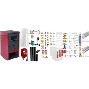 Pachet Termosemineu pe lemne, brichete si carbune Fornello Monza Bordeaux 27 kW, Boiler Termoelectric, Vas Expansune, Pompa, Kit evacuare si Fitinguri Montaj imagine