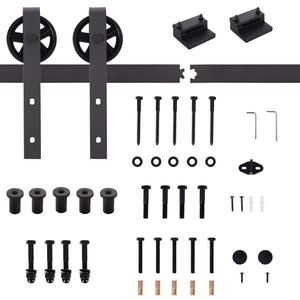 HOMCOM Kit Usa Glisanta 100kg max din Otel Carbon, pentru Usi Glisante cu Sina, 2 Manere, 2 Opritoare Usa, 2 Opritoare Podea, 183x4x0.6 cm imagine