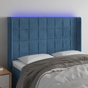 vidaXL Tăblie de pat cu LED, albastru închis, 147x16x118/128cm catifea imagine