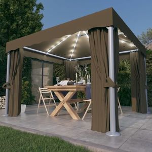 vidaXL Pavilion cu perdea & șir de lumini LED, gri taupe, 3x3 m imagine