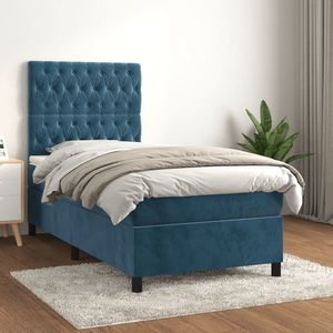 vidaXL Pat box spring cu saltea, albastru închis, 90x190 cm, catifea imagine