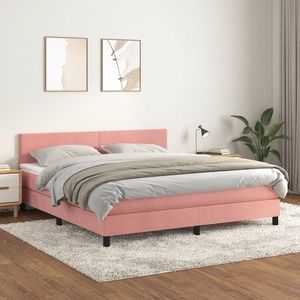 vidaXL Pat box spring cu saltea, roz, 160x200 cm, catifea imagine