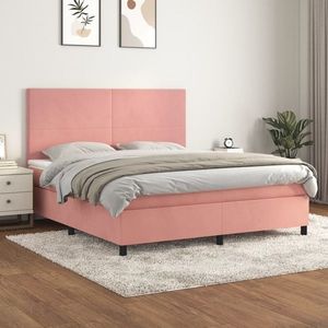 vidaXL Pat box spring cu saltea, roz, 160x200 cm, catifea imagine