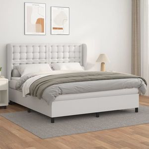 vidaXL Pat box spring cu saltea, alb, 160x200 cm, piele ecologică imagine