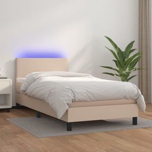 vidaXL Pat cu arcuri, cu saltea și LED, cappuccino 90x200 cm piele eco imagine