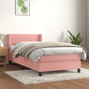 vidaXL Pat box spring cu saltea, roz, 90x200 cm, catifea imagine