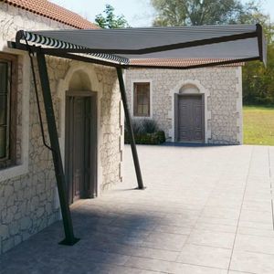 vidaXL Copertină retractabilă manual, cu stâlpi, albastru/alb, 4x3 m imagine