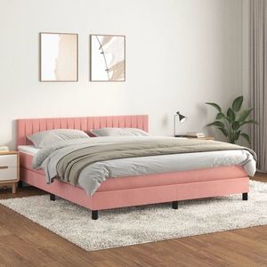 vidaXL Pat box spring cu saltea, roz, 160x200 cm, catifea imagine