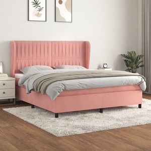 vidaXL Pat box spring cu saltea, roz, 160x200 cm, catifea imagine