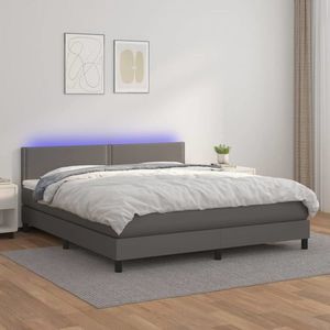 vidaXL Pat cu arcuri, saltea și LED, gri, 180x200 cm, piele ecologică imagine